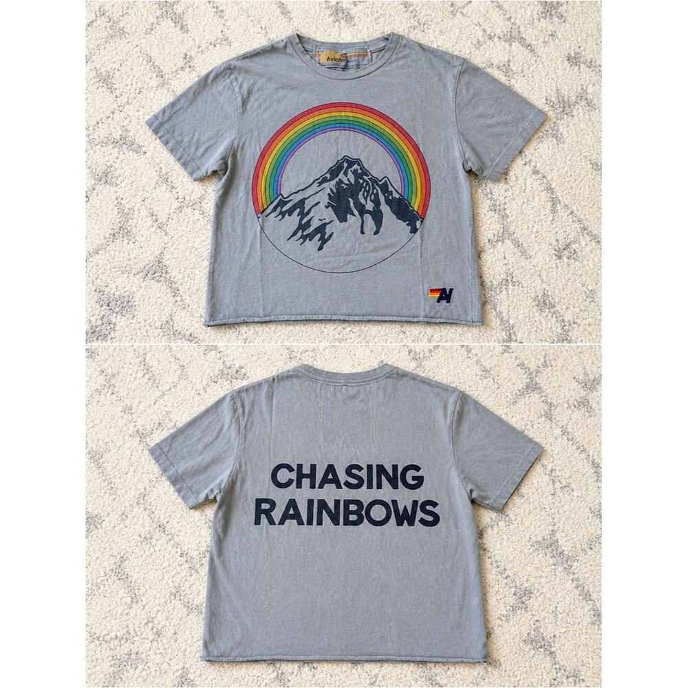 Rare Aviator Nation Light Gray Rainbow Mountain 'Chasing Rainbows' Boyfriend Tee